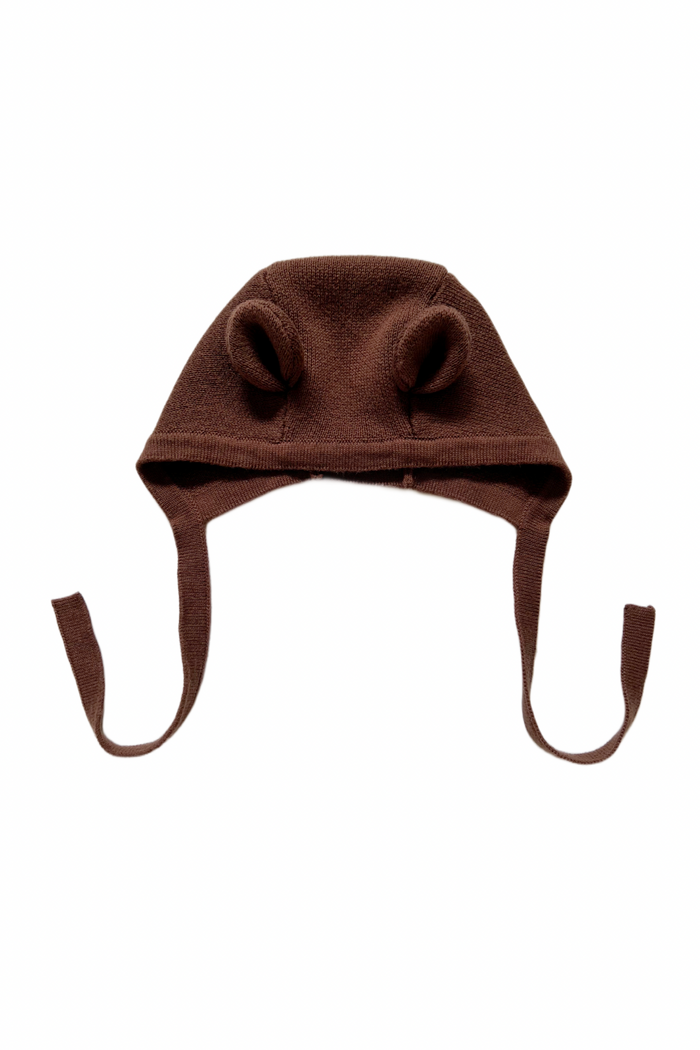 Knitted Teddy Bear Bonnet in Chocolate, product shot on a white background