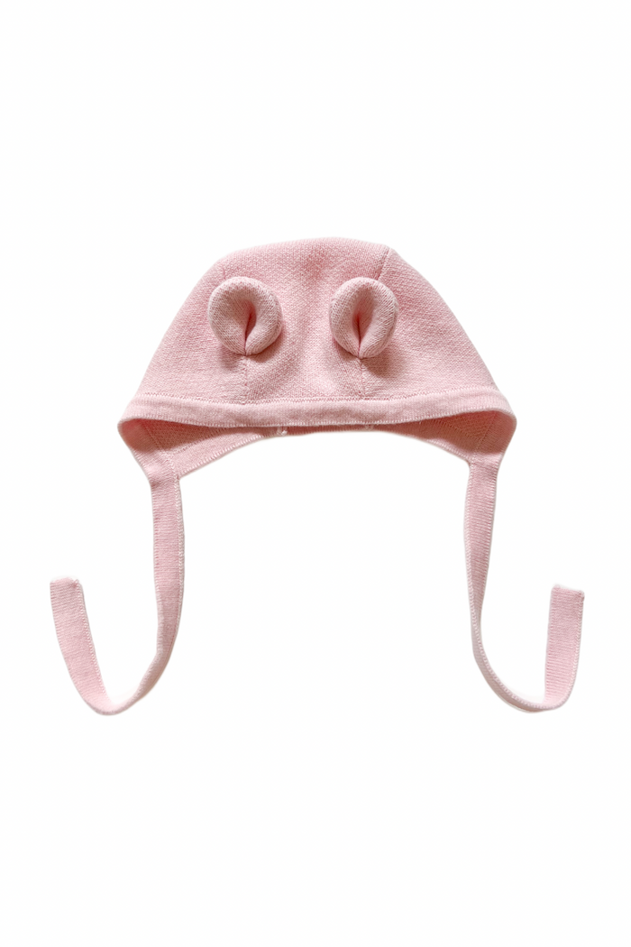 Knitted Teddy Bear Bonnet in Baby Pink, product shot on a white background
