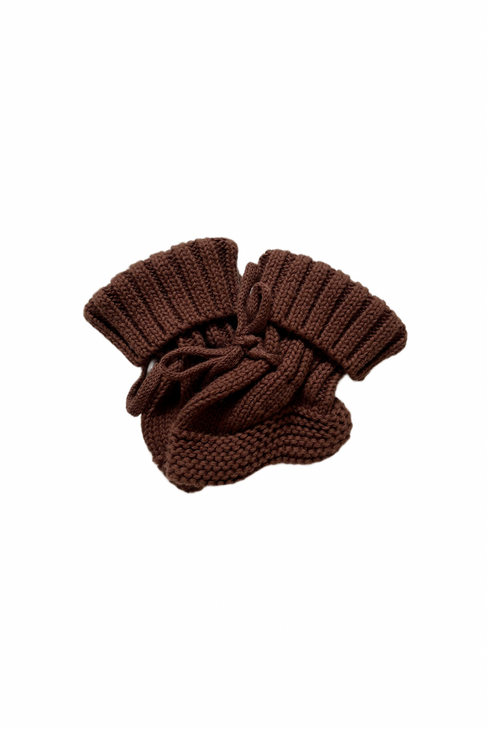 Knitted Booties in Chocolate, product shot on a white background