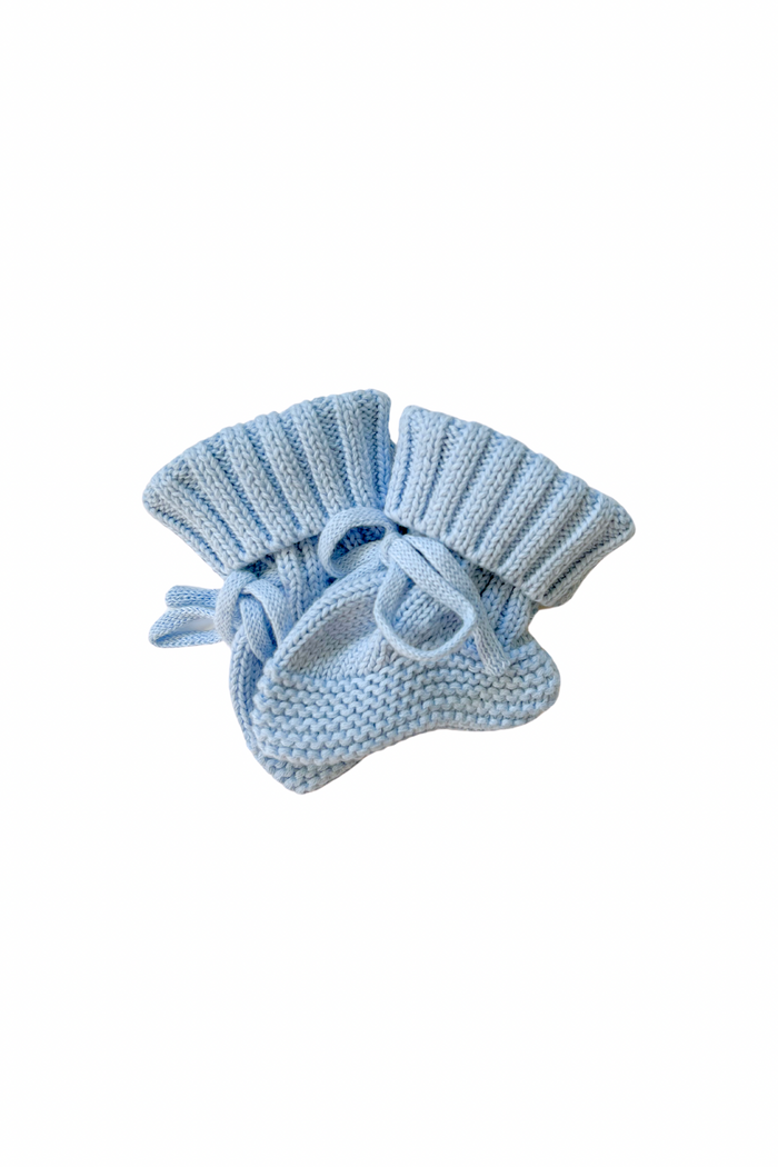 Knitted Booties in Blue, product shot on a white background