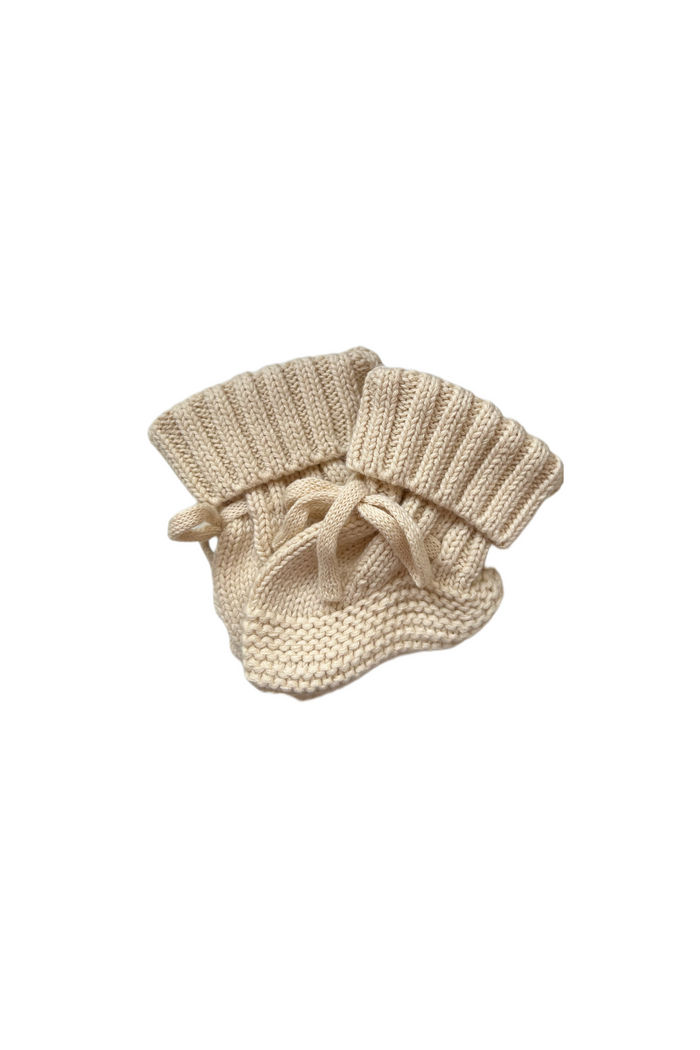 Knitted Booties in Oat, product shot on a white background