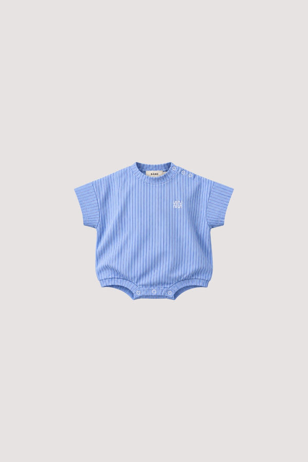 Arlo Oversized Tee Romper in Blue Stripe, front view, SÁRO